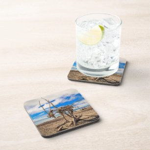 Driftwood artwork on Hokitika Beach, New Zealand Coaster