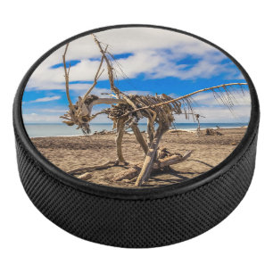Driftwood artwork on Hokitika Beach, New Zealand Hockey Puck