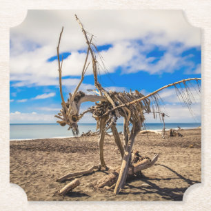 Driftwood artwork on Hokitika Beach, New Zealand Paper Coaster