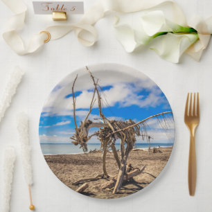 Driftwood artwork on Hokitika Beach, New Zealand Paper Plate