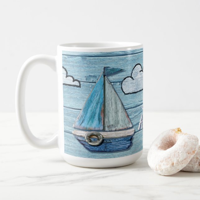 Driftwood Beach design Yacht tall coffee mug. Coffee Mug (With Donut)