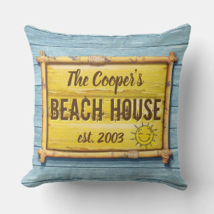 Driftwood Beach House family sign throw cushion. Pillow
