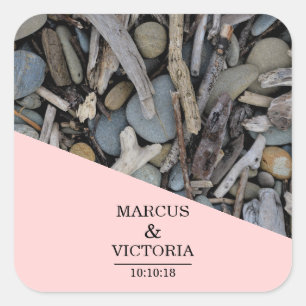 Driftwood beach wedding square sticker