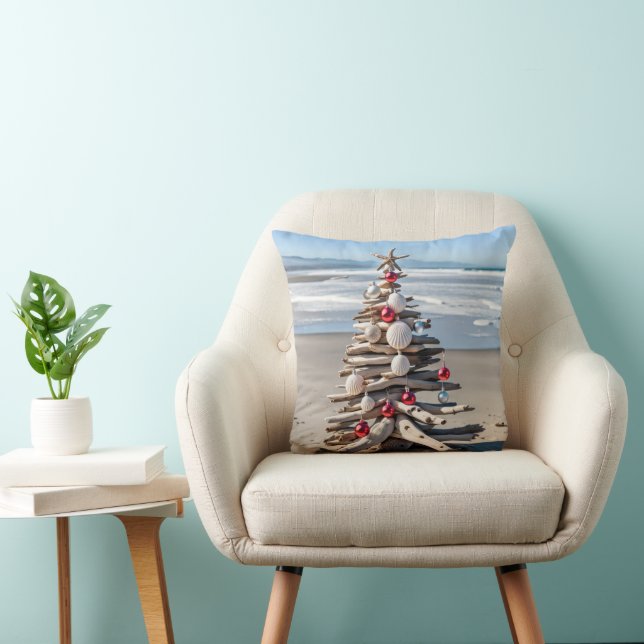Driftwood Christmas Tree With Starfish Throw Pillow (Chair)