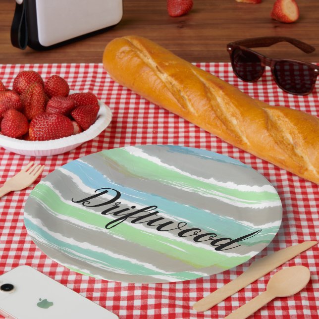 Driftwood Grey Blue Green Stripes Watercolor Paper Plate (Picnic)