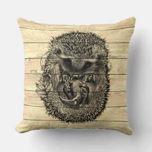 Driftwood throw cushion with sleeping hedgehog