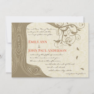 Driftwood Tree Tangerine Birds Wedding Invitations