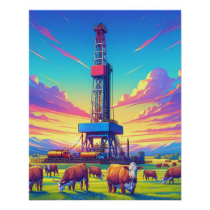 Drilling Rig and Herford Cattle  Poster