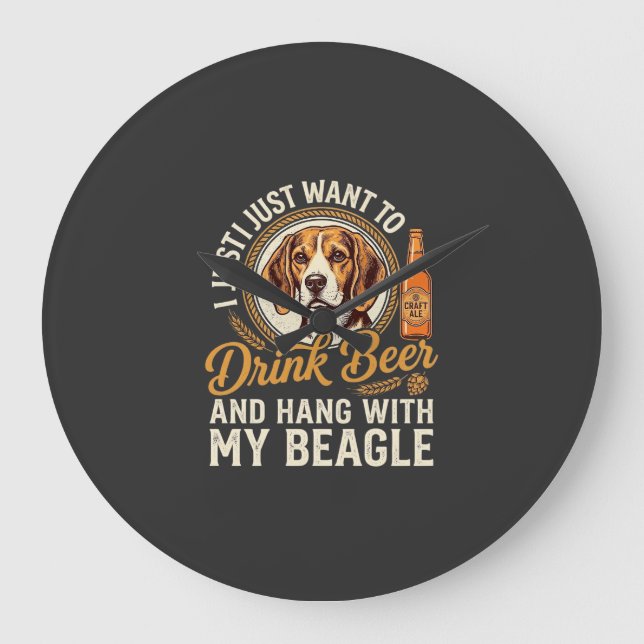 Drink Beer Beagle Dog Craft Ale Bottle Hops Large Clock (Front)
