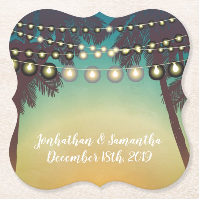 Drink Coasters Beach Sunset Palm Trees String Ligh (Front)