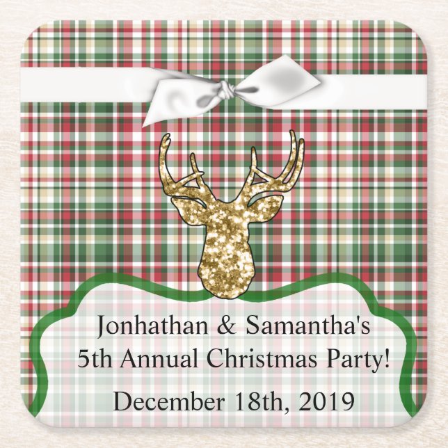 Drink Coasters Gold Glitter Reindeer Plaid Buck He (Front)