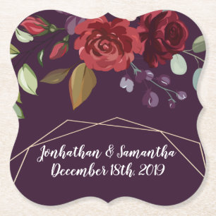 Drink Coasters Plum Purple Roses Gold Geometric Fl