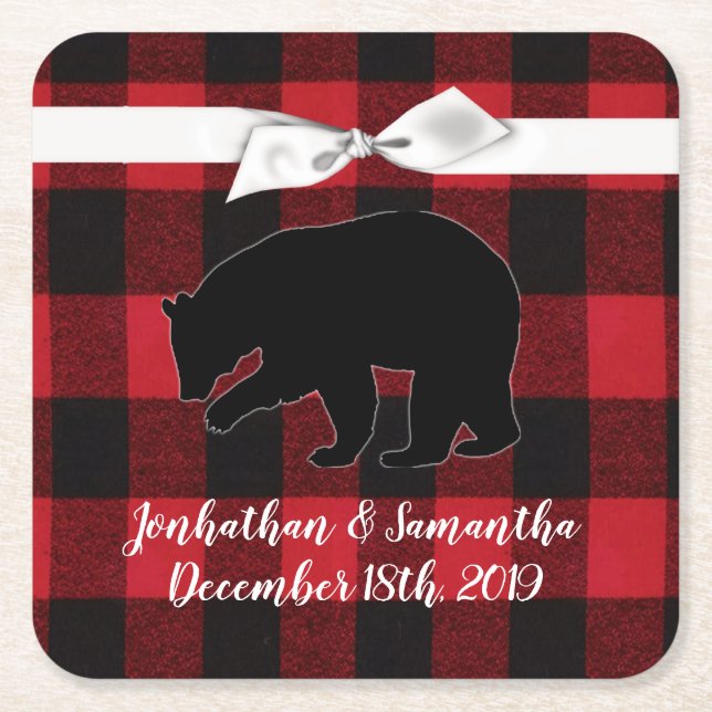 Drink Coasters Red Buffalo Plaid Bear Black (Front)