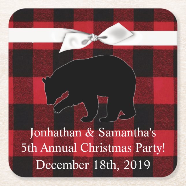 Drink Coasters Red Plaid Black Bear (Front)