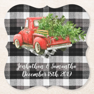 Drink Coasters XMAS Truck Buffalo Plaid Christmas