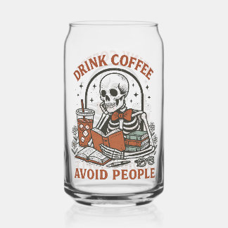 ☕ Drink Coffee, Avoid People – Funny Skeleton Beer Can Glass