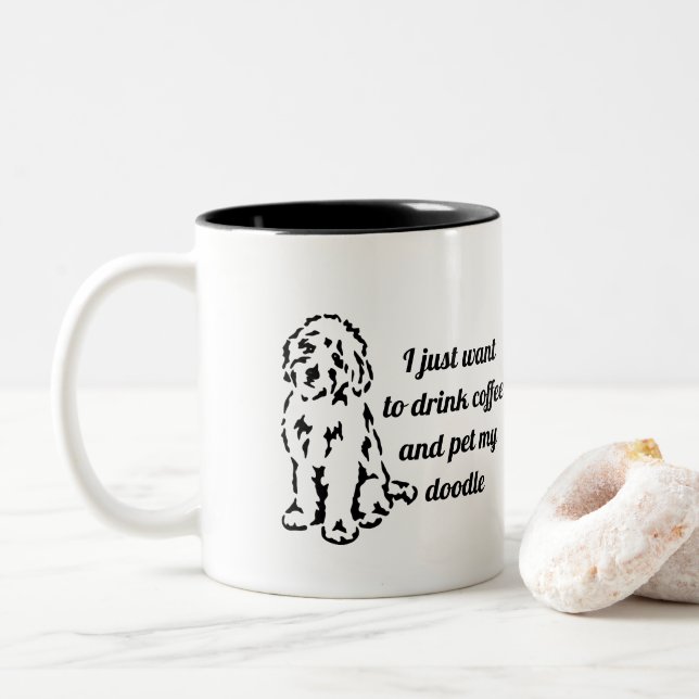 Drink Coffee & Pet My Doodle Two-Tone Coffee Mug (With Donut)