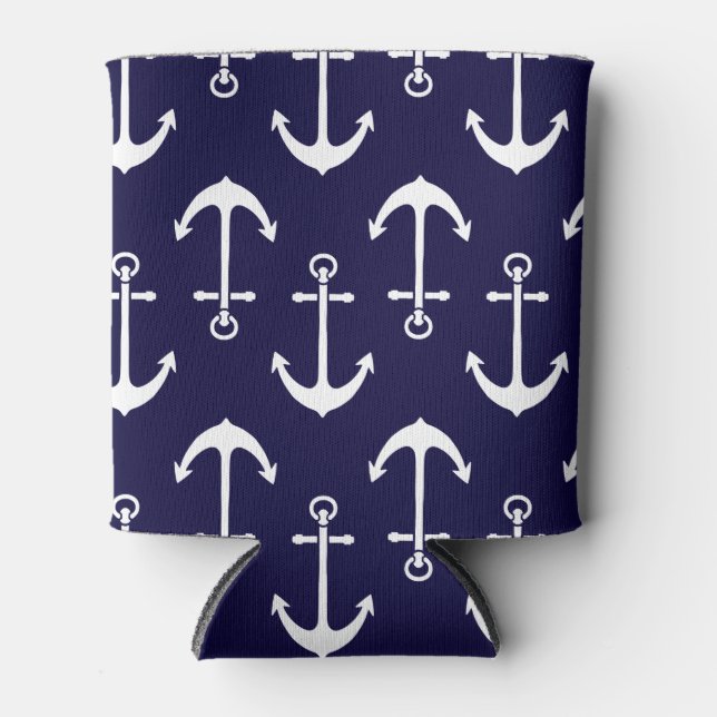 Drink Cozy | White Anchors Pattern Can Cooler (Front)