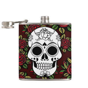 Drink Flask Retro art red roses sugar skull