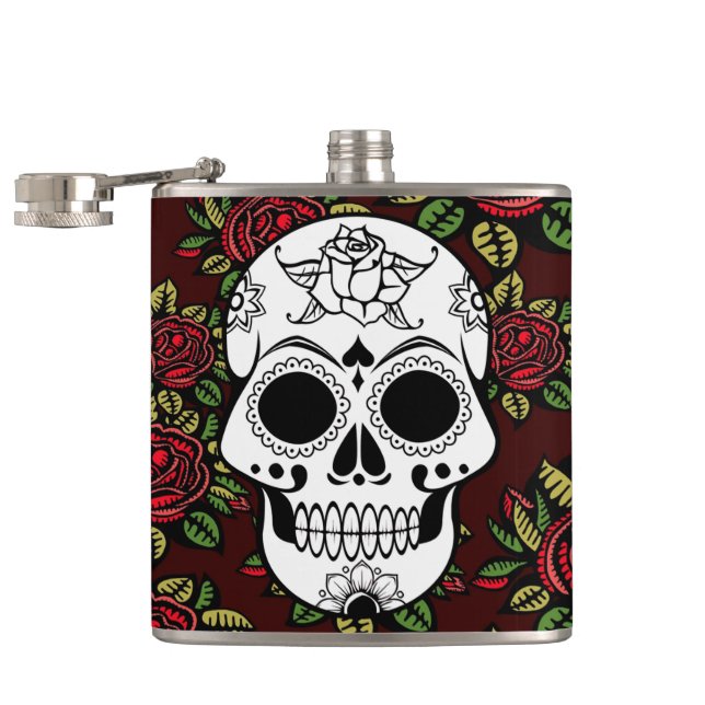 Drink Flask Retro art red roses sugar skull (Opened)