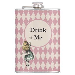 Drink Me Alice in Wonderland Green Mauve Chequered Hip Flask