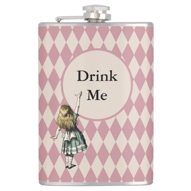 Drink Me Alice in Wonderland Green Mauve Chequered Hip Flask (Front)