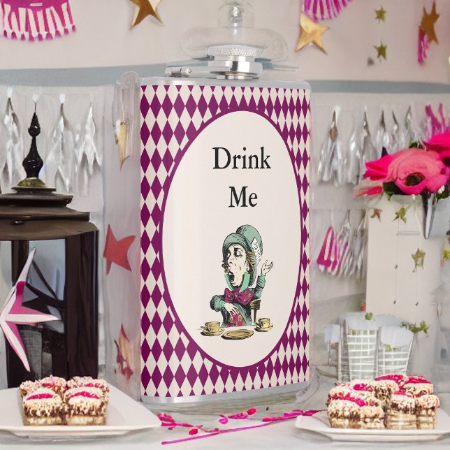 Drink Me Mad Hatter Alice in Wonderland Magenta Hip Flask (Creator Uploaded)