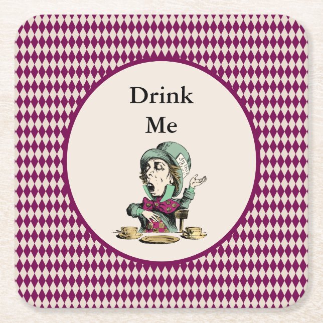 Drink Me Mad Hatter Alice in Wonderland Square Paper Coaster (Front)