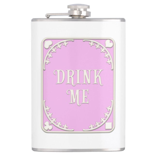 "Drink Me" Whimsical Victorian Filigree Pink Hip Flask (Front)