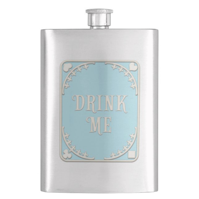 "Drink Me" Wonderland Tea Party Blue Emblem Hip Flask (Front)