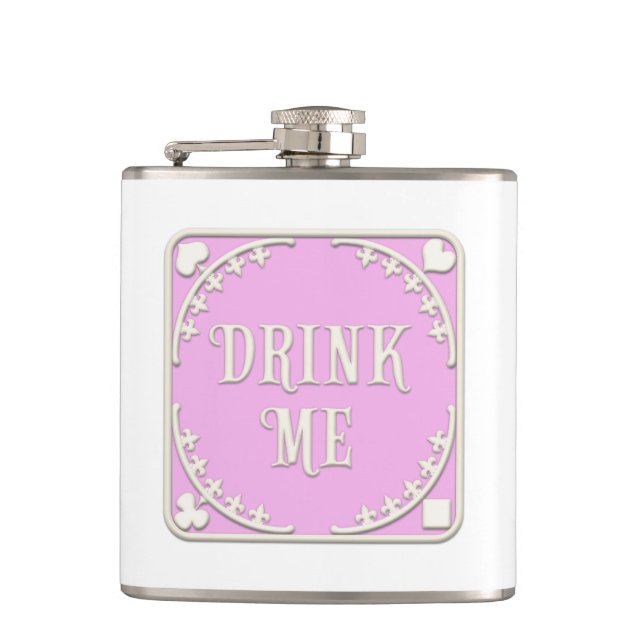 "Drink Me" Wonderland Tea Party Mauve Pink Emblem Hip Flask (Front)