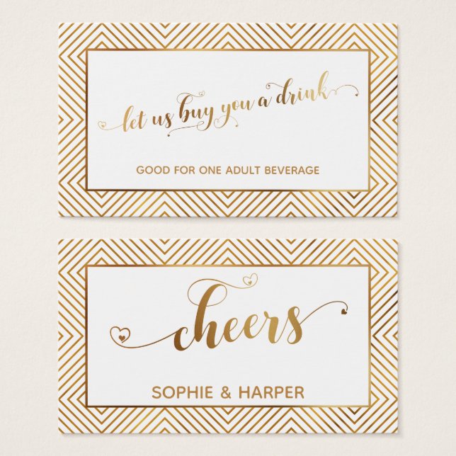 Drink Tickets, Gold Hearts Script, Diamonds, White (Front & Back)