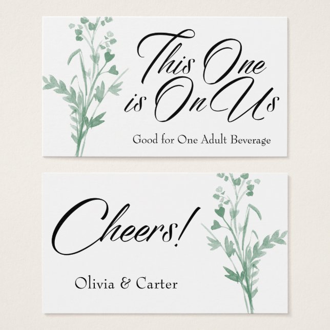 Drink Tickets, Green Watercolor Botanical Spray (Front & Back)