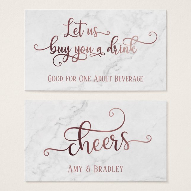 Drink Tickets | Rose Gold Script with White Marble (Front & Back)
