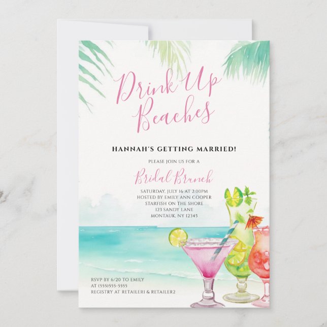 Drink Up Beaches Tropical Cocktails Bridal Brunch Invitation (Front)