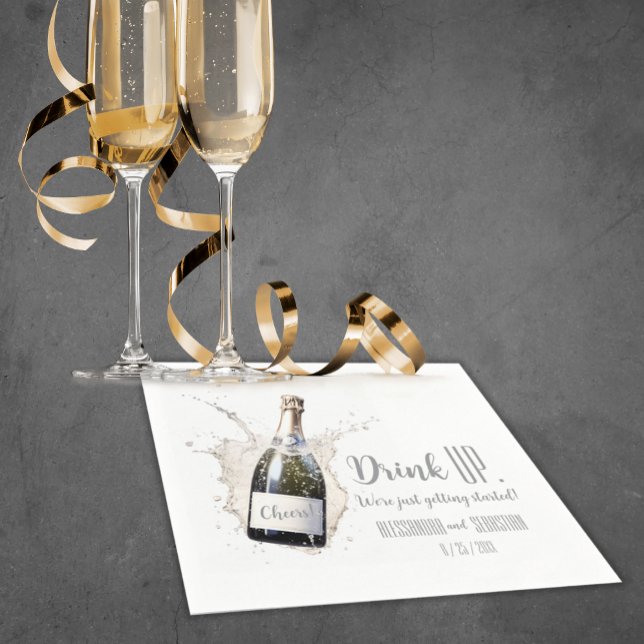 "Drink Up. We're Just Getting Started!" Wedding Napkin ("Drink Up. We're Just Getting Started." Custom Modern Minimalist Wedding Napkins)