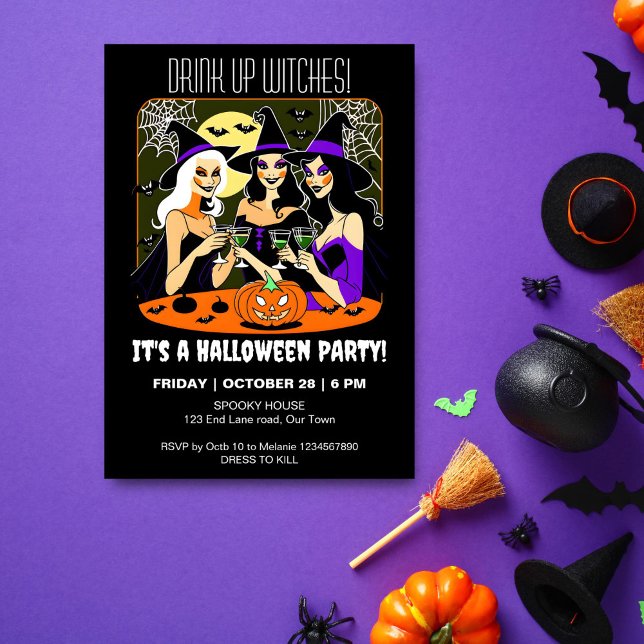 Drink up witches adult Halloween party Invitation (Drink up witches adult Halloween party template invitation digital three pretty witches partying)