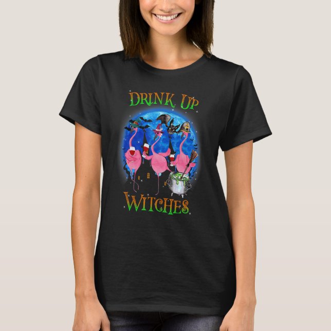 Drink Up Witches Flamingo Witch Vibes Halloween Co T-Shirt (Front)
