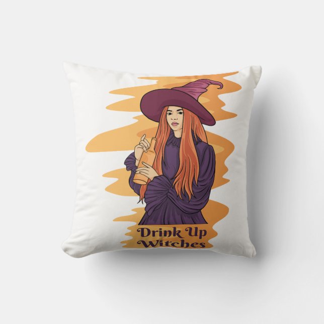 Drink Up Witches Ghost Funny Halloween Groovy Throw Pillow (Front)