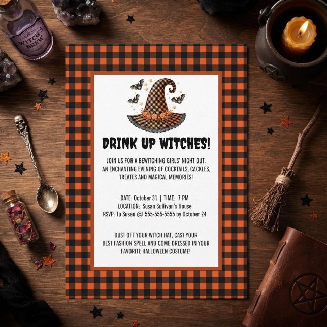 Drink Up Witches Gingham Witch Hat Halloween Invitation (Creator Uploaded)