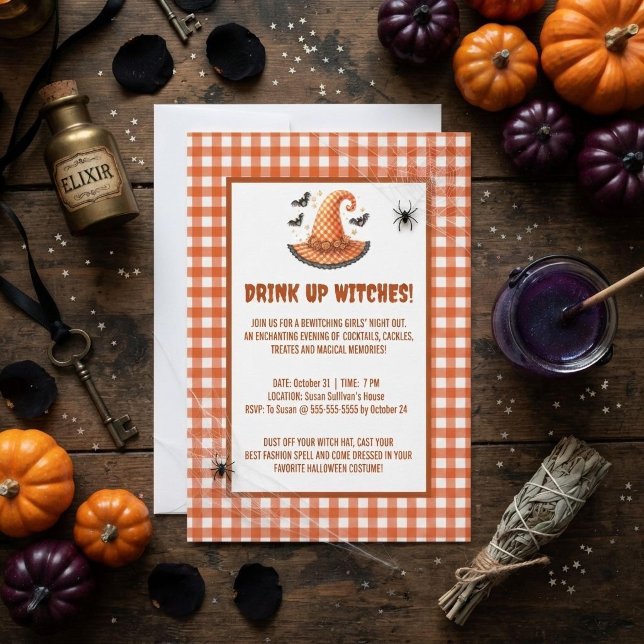 Drink Up Witches Gingham Witch Hat Halloween Invitation (Creator Uploaded)