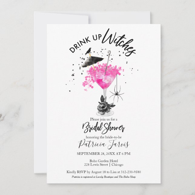 Drink up Witches Hot Pink Halloween Bridal Shower  Invitation (Front)