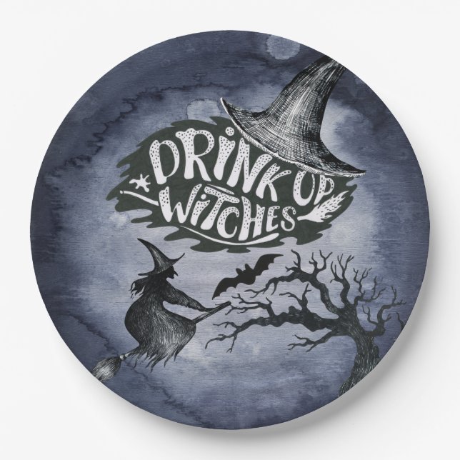 Drink Up Witches Night Sky Halloween Paper Plate (Front)