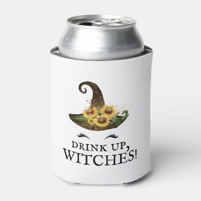 "Drink Up, Witches!" Rustic Sunflower Halloween Can Cooler (Can Front)