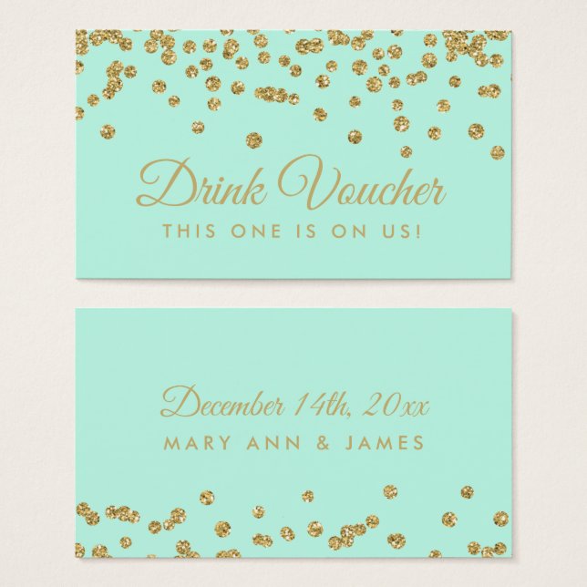 Drink Voucher Gold Faux Glitter Confetti Mint (Front & Back)