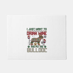Drink Wine Bulldog Dog Ugly Sweater Santa Hat Doormat