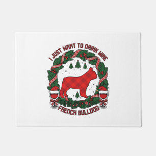 Drink Wine French Bulldog Dog Red Plaid Christmas  Doormat