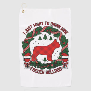 Drink Wine French Bulldog Dog Red Plaid Christmas  Golf Towel