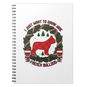 Drink Wine French Bulldog Dog Red Plaid Christmas Notebook