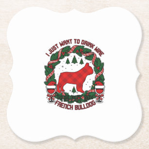 Drink Wine French Bulldog Dog Red Plaid Christmas  Paper Coaster